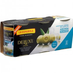 LA ESPAÑOLA Olives vertes de luxe farcies aux anchois doux avec moins de sel paquet de 3 boîtes 50 g net égouttées